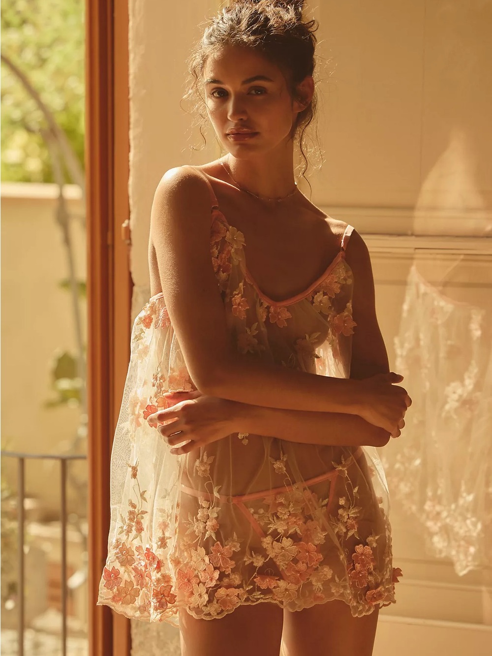 KILO BRAVA • Anthropologie Embroidered Mini Slip Dress sheer nightie nightgown